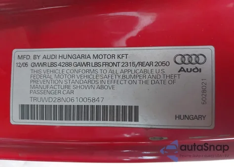 2006 Audi Tt 3.2L из США, поврежденный, VIN TRUWD28N061005847